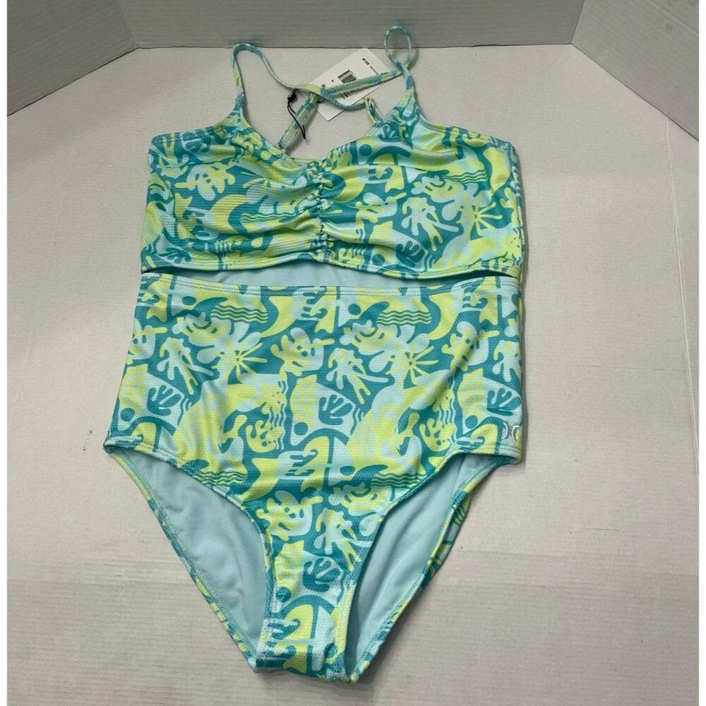 Hurley UPF Cutout One-Piece Swimsuit Turquoise Waves Size 16 New With Tag